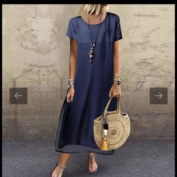 NWT Blue Color Block Short Sleeve Midi Dress Large - Picture 2 of 11